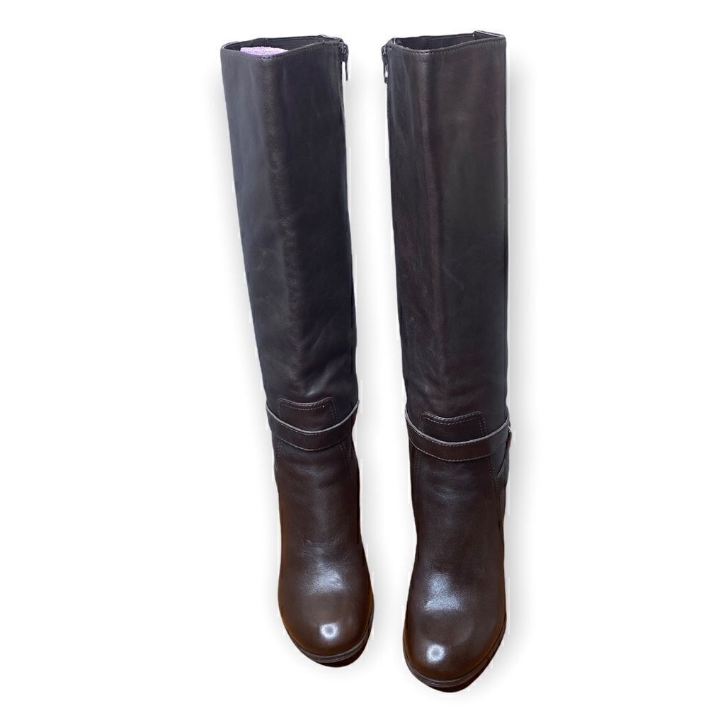 Marc Fisher's Kessler tall dress boots ankle strap buckle elastic back brown